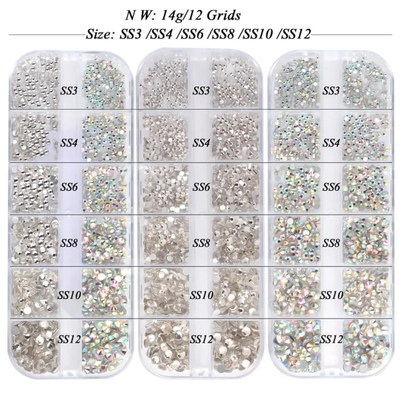 Description Picture 4 of item12 Grids Multi-size AB Crystal Nail Rhinestones Flat Bottom Crystal Diamond Stones Charms 3D Nail Art Decorations Manicure Parts