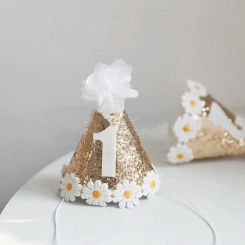 Ins 1st Birthday Hat Party Supplies Shiny Baby Shower Banquet Daisy Party Hats for Boy Girl Children Decor Christmas Headband