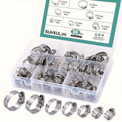 60pcs Adjustable 8-38mm Range Stainless Steel Worm Gear Hose Clamps Assortment Kit