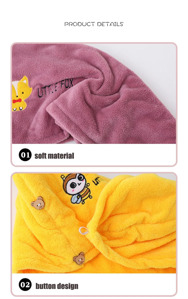Description Picture 6 of itemCute Animal Embroidery Absorbent Shower Cap Coral Fleece Hair Drying Cap Towel Women Thicken Quick-Dry Turban Bathroom