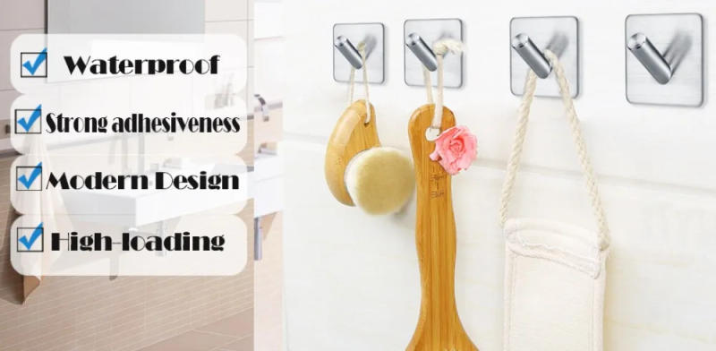 Description Picture 2 of itemAdhesive Towel Hooks Heavy Duty Towel Hanger Waterproof Stainless Steel Stick On Shower Bathroom Kitchen Storage Holder Hooks