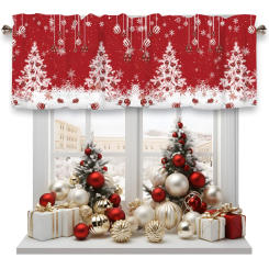 Merry Christmas Curtain Valance, Tree Snowman Gift Snowflake Short Rod Pocket Window Treatment for Living Room Bedroom Kitchen