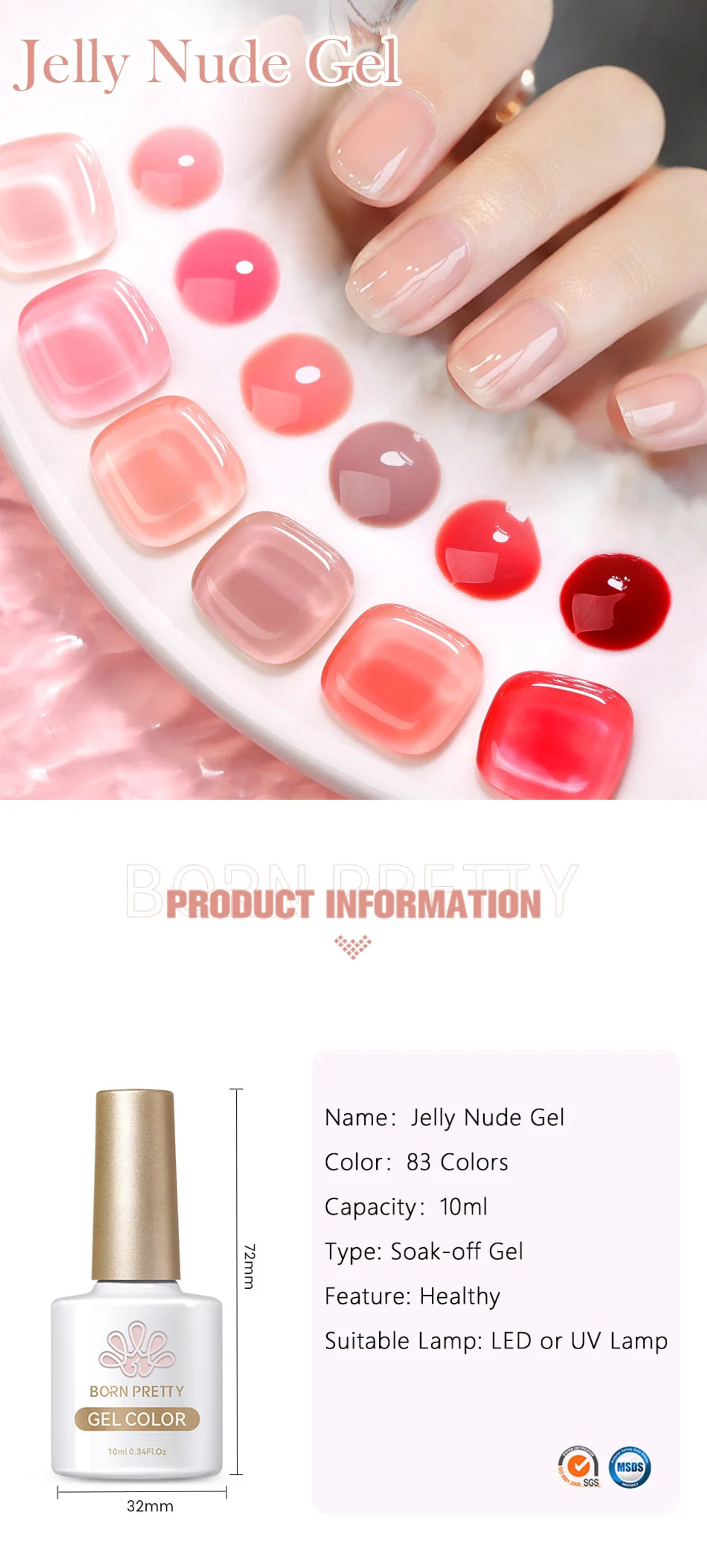 Description Picture 3 of itemBORN PRETTY 10ml Translucent Color Gel Polish Jelly Nude Autumn Jelly Amber Semi Permanent UV Gel Nail Art Soak Off Gel Varnish