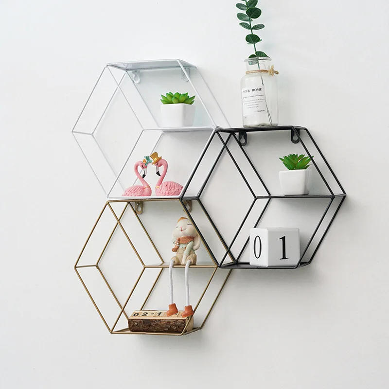 Description Picture 2 of itemHexagon Stand Floating Wall Shelf Iron Handicraft Display Rack Sundries Storage Holder Metal Wall Mounted Shelf Home Decoration