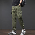 New Pure Cotton Large Pocket Workwear Pants for Men's Washed Loose Tie Feet Elastic Casual Pants