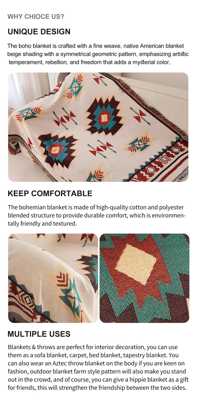 Description Picture 3 of itemAztec Blanket, Oversized Boho Throw Blanket with Fringe, Southwestern Geometric Tapestry Vintage Woven Throw Blankets, Double-Si