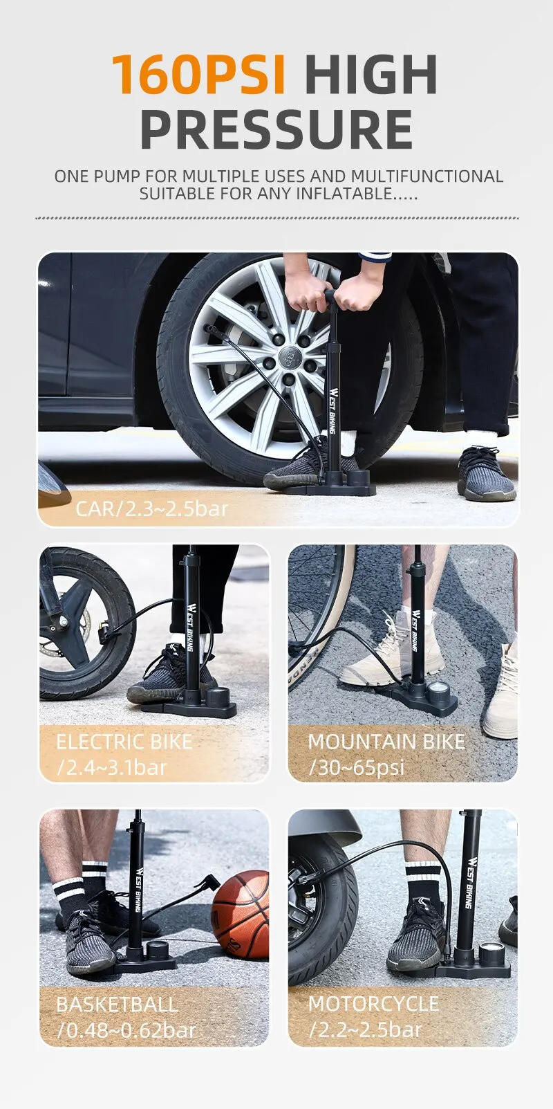 Description Picture 4 of itemWEST BIKING Bicycle Pump 160PSI Portable Stainless Steel Bike Pump Schrader Presta Valve Inflator Mountain Road Bike Accessories