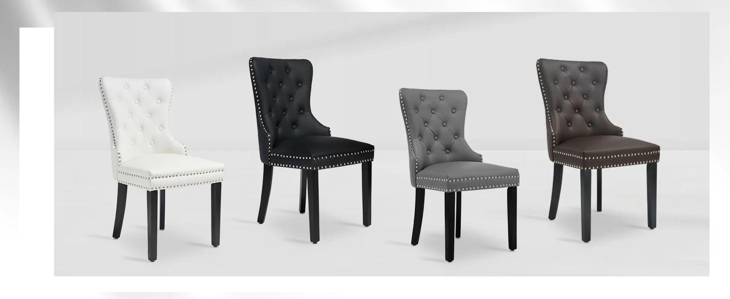 Description Picture 3 of itemLeather Dining Chairs Set of 2, Tufted Upholstered Dining Room Chair with Pull Ring and Solid Wood Legs, Black