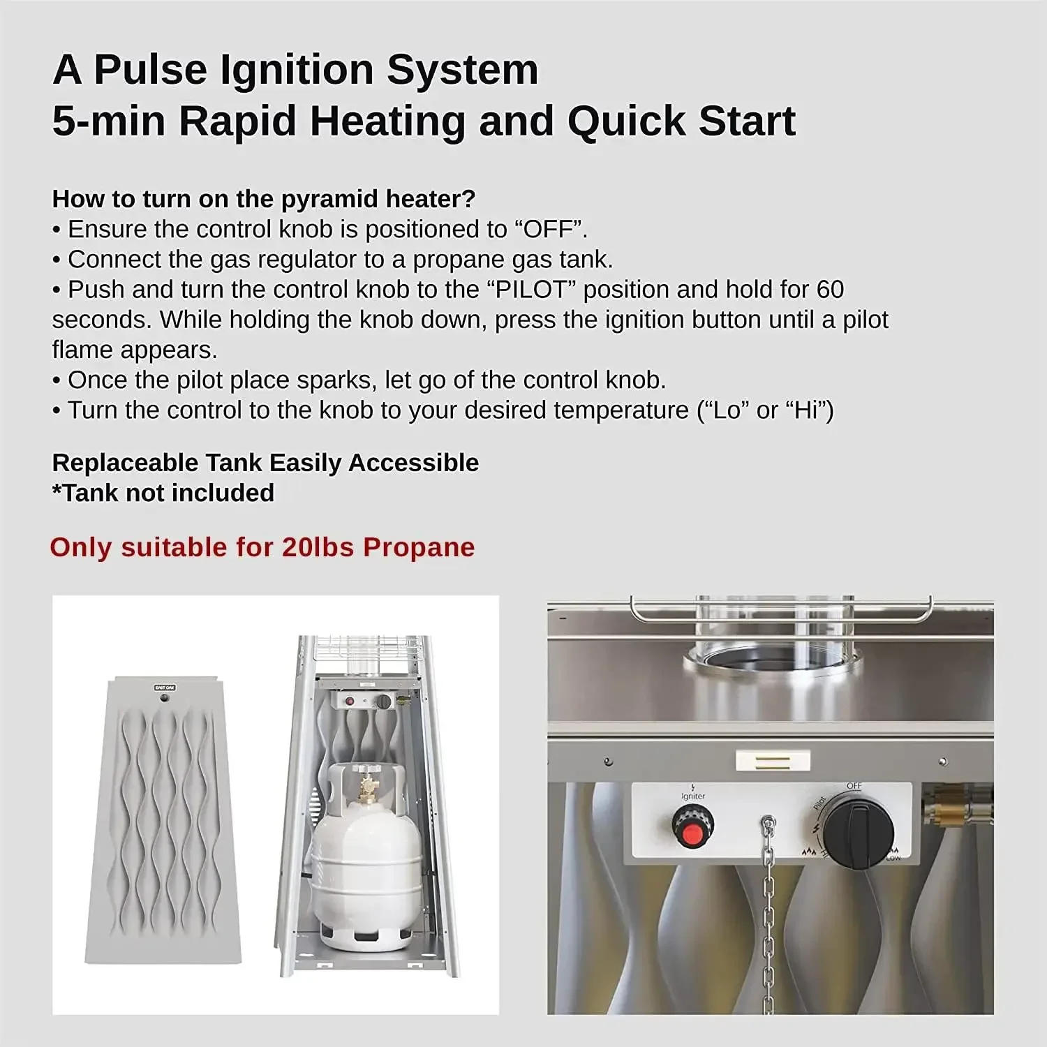 Description Picture 6 of itemPyramid Patio Heater 48000 BTU Outdoor Flame Patio Heater All Stainless Steel Quartz Glass Tube Propane Heater Triple Protection