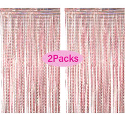 2 Pack Foil Curtain Silver Rose Gold Glitter Shimmer Fringer Curtains Baby Shower Birthday Wedding Party Backdrop Decorations