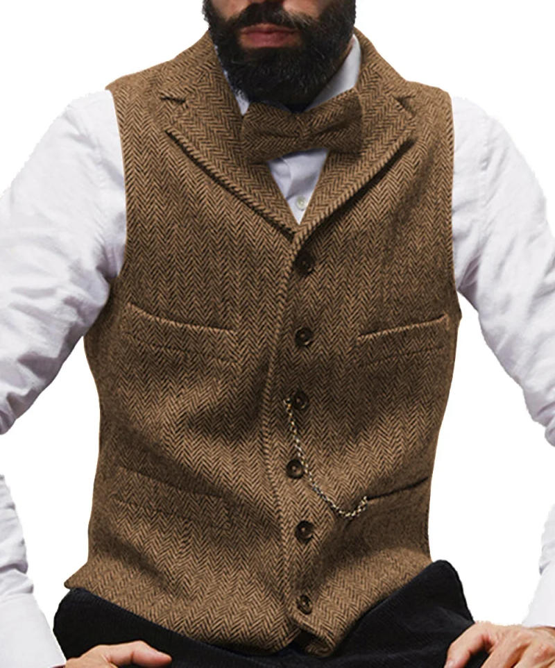 Description Picture 4 of item2024 Mens Vest Classic Brown Suit Wool Tweed Notch Lapel Waistcoat Herringbone Groomsmen Winter Coat For Wedding