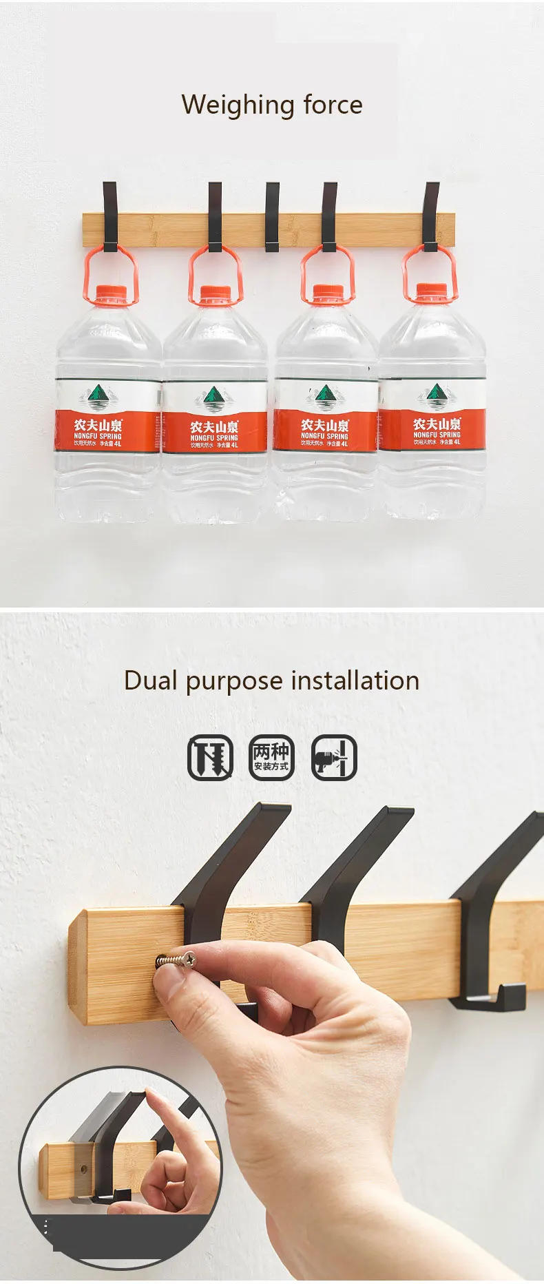 Description Picture 4 of itemBamboo Wall Mounted Coat Rack with Hooks and Shelf Nordic Fashion Hanger for Clothes Keys Hats Furniture Living Room Decor