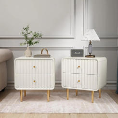 Modern Nightstand Set of 2,Fluted Bed Side Table with 2 Drawers Storage,Wood End Table with Gold Metal Handle,White Night Stands