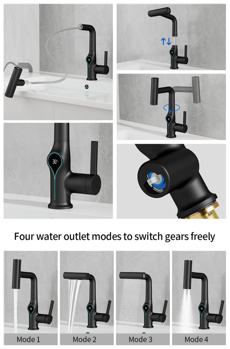 Description Picture 3 of itemWaterfall Pull Out Kitchen Faucet Black Intelligent Digital Display Cold Hot Mixer Taps Rotatable Sink Lifting Basin Faucet