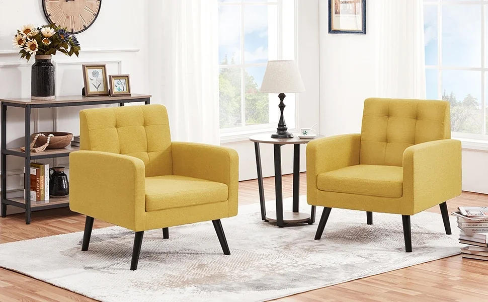 Description Picture 2 of itemMid-Century Accent Chairs, Cozy Armchair Button Tufted Back and Wood Legs for Bedroom/Office/Cafe, Yellow, Accent Chairs