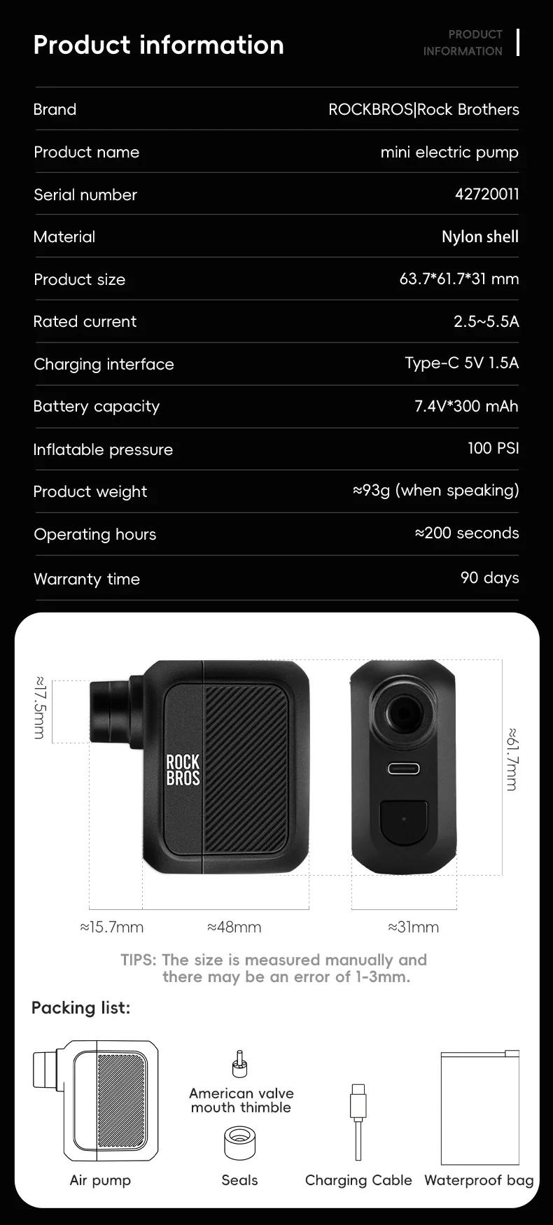 Description Picture 3 of itemROCKBROS Electric Air Pump Portable 100PSI Bicycle Pump Air Compressor Rechargeable Tire Inflator Pump 300mAh Battery Capacity