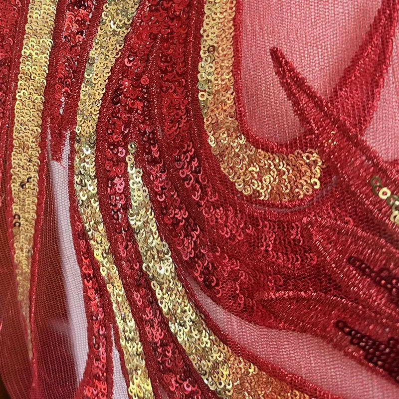 Description Picture 5 of item1Pcs Large Patch Gold Red Sequin Embroidery Applique Mesh Lace Fabrics Sewing On Dress Clothing Decora Accessroy DIY 72*20CM