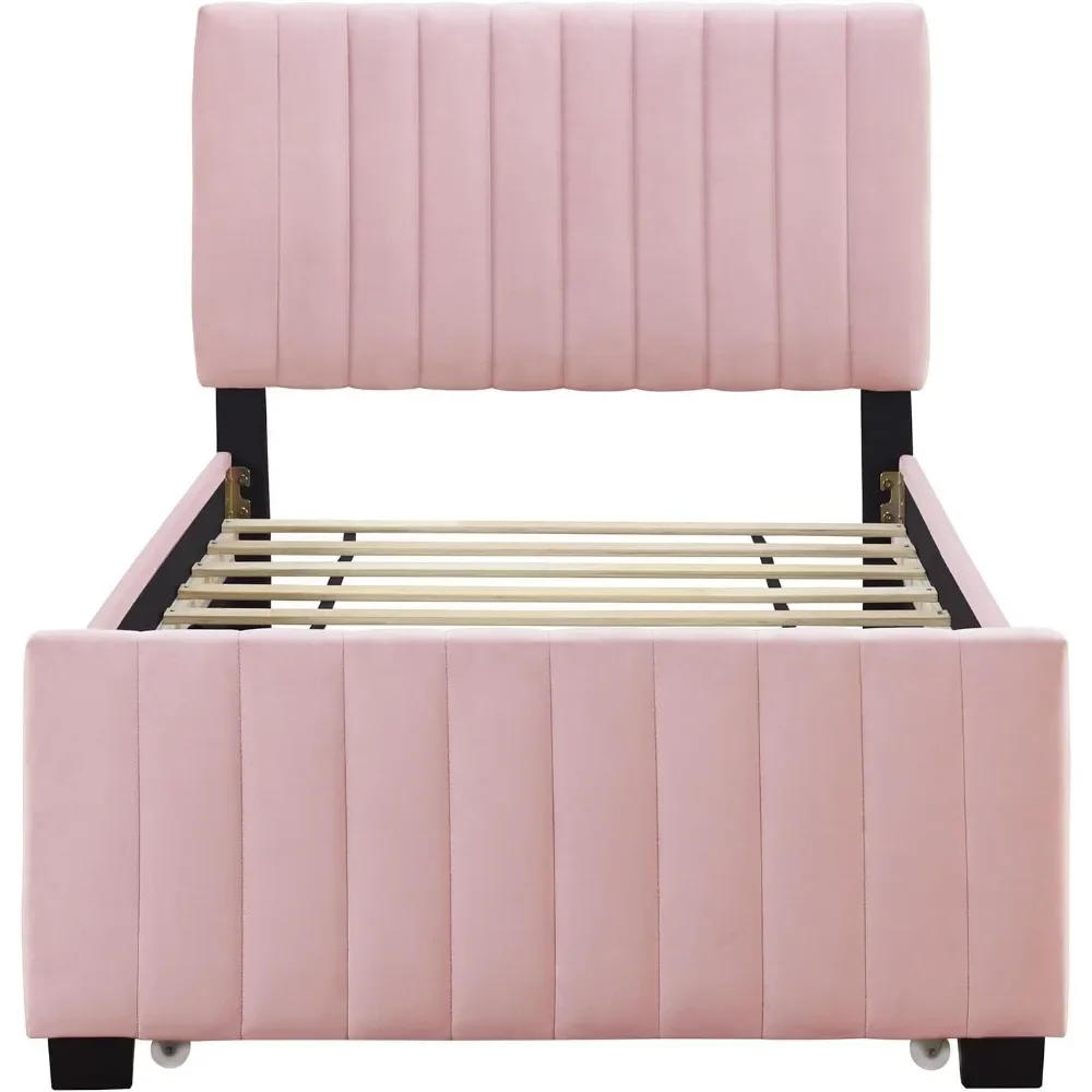 Description Picture 6 of itemBeds,Velvet Upholstered Platform, Wood Frame Trundle, Twin Size Bed, Pink