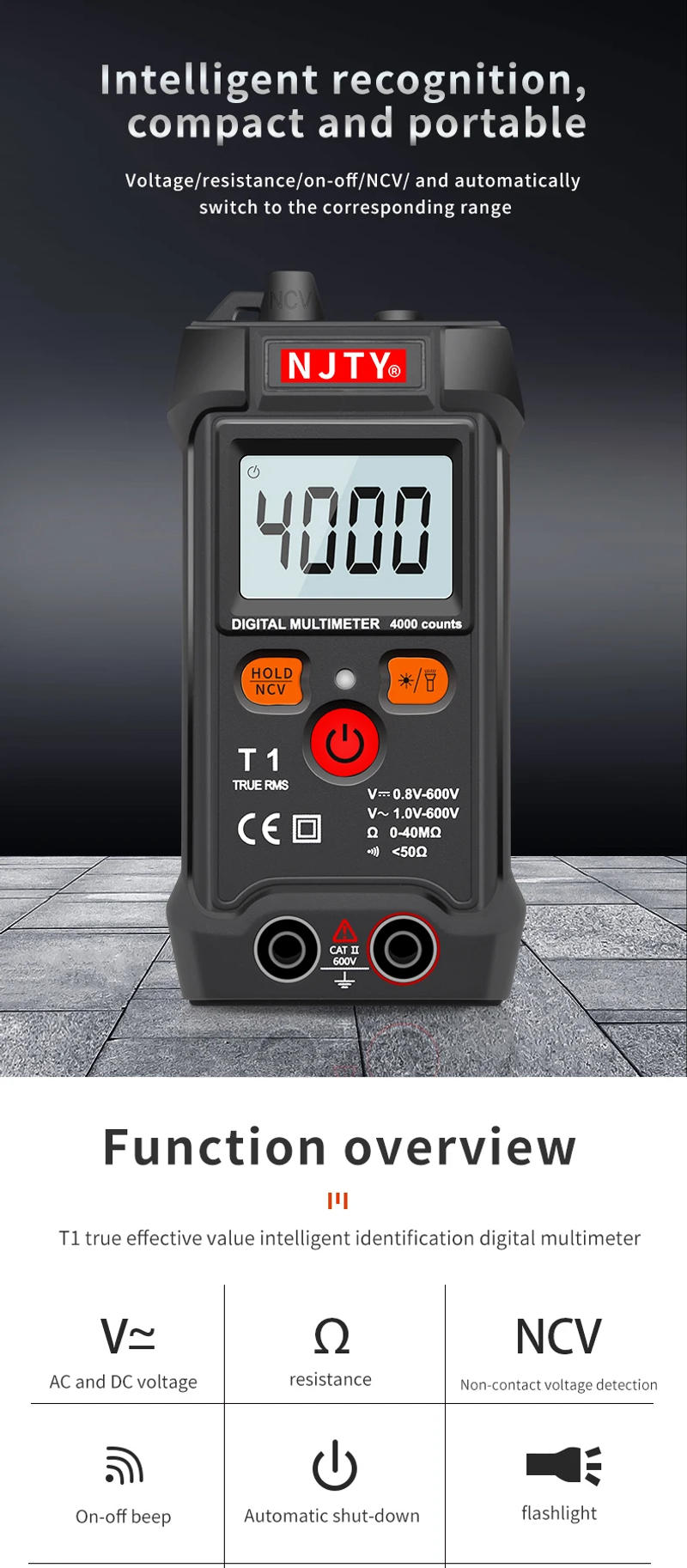 Description Picture 2 of itemNJTY Mini Digital Multimeter AC/DC Voltage Meter 4000 Counts Smart Multimetro Ohm NCV Electrician Tools Measuring Instruments