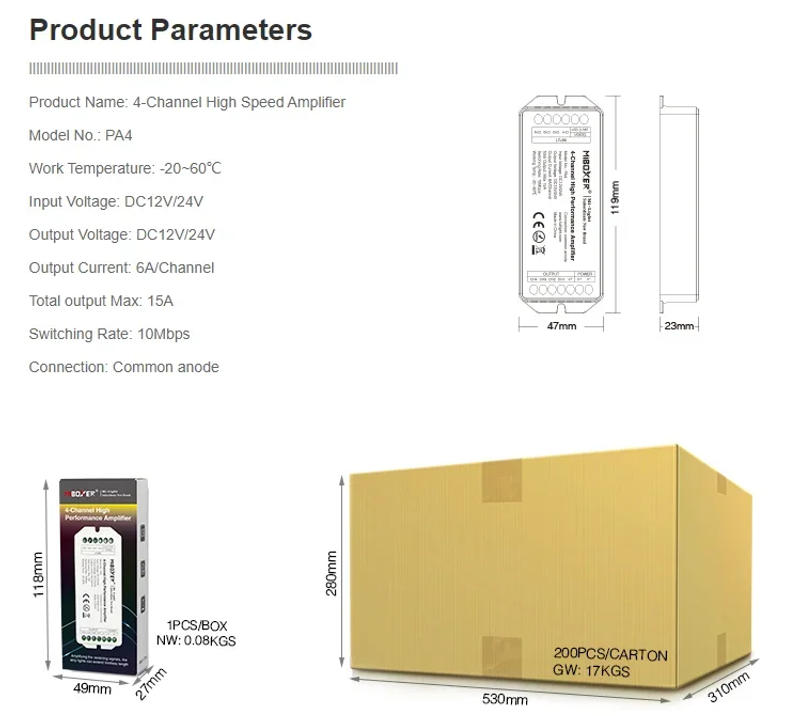 Description Picture 5 of itemMiboxer High Speed Performance Amplifier PA4 4-Channel PA5 5-Channel LED Controller for 5050 RGB RGBW LED Strip Light DC12V 24V