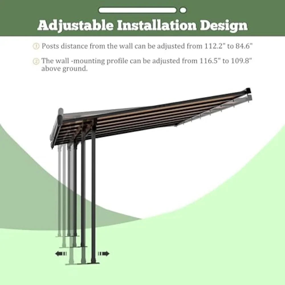 Description Picture 5 of itemAdjustable Wall-Mounted Gazebo, PC Panel Roof Outdoor Pergola with Drainage Holes & Aluminum Frame, Outdoor Patio Lean