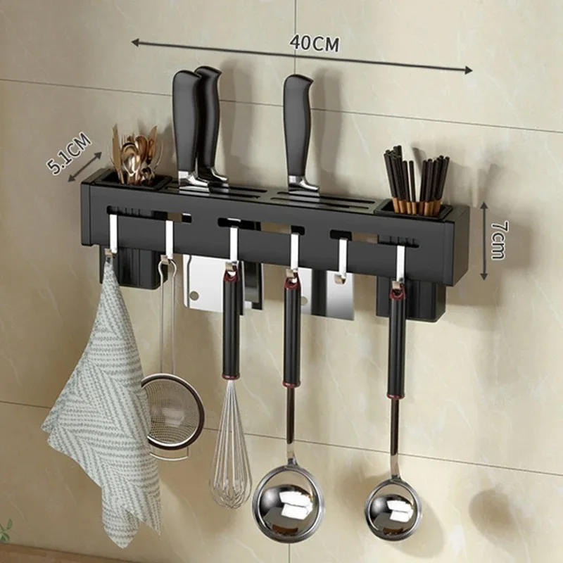Description Picture 6 of itemStainless Steel Frame Wall Mounted Knife Holder Kitchen Nail Free Storage Rack Knife With Hook Kitchen Cabinet Storage Rack
