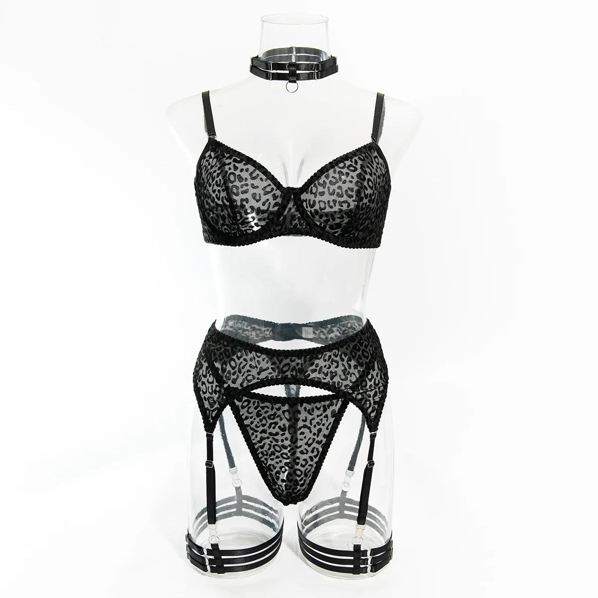 Description Picture 3 of itemToucheart 5-Piece Suit Sexy Underwear Suit Flocked Leopard Print Fashionable Hollow Sexy Lingerie Women Perspective Underwear