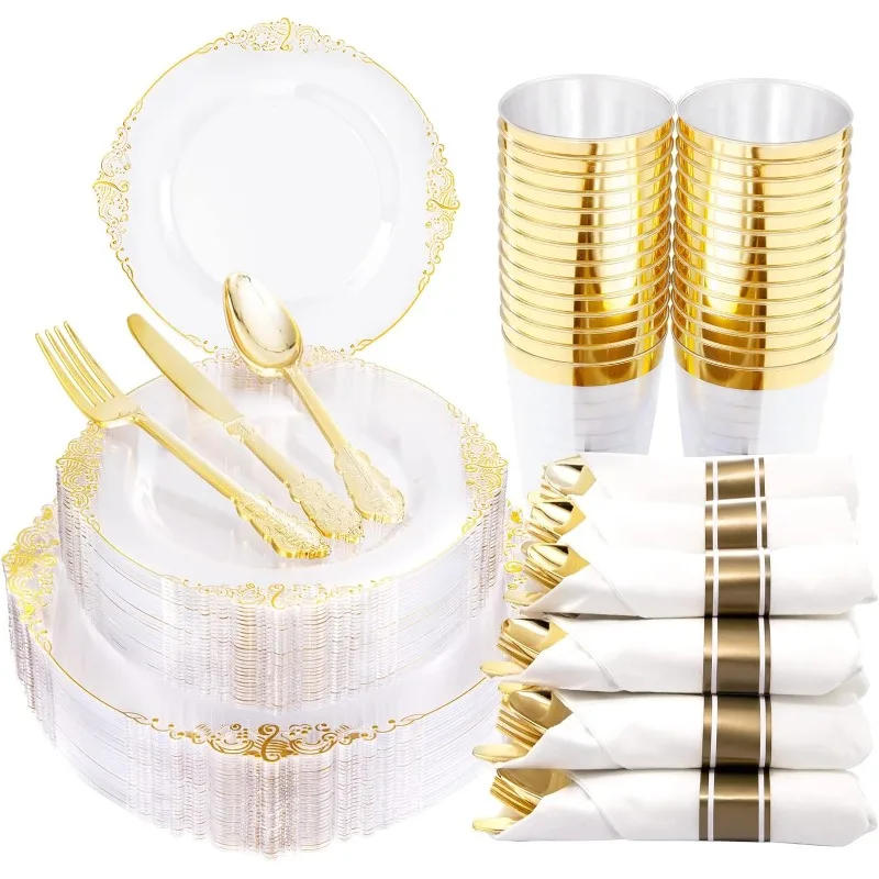 Description Picture 2 of item350pcs Plastic Plates, Disposable Plates with Trim, Includes: Dinner Plates, Dessert Plates, Cups, Rolled Napkin Cutlery