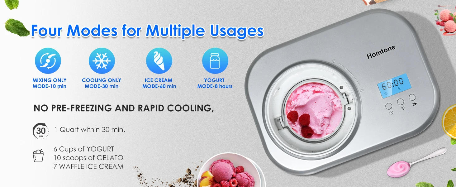 Description Picture 5 of itemIce Cream Maker 1 Quart, No pre-Freezing Automatic Ice Cream Yogurt Machine with Built-in Compressor and LCD Timer for Making Ic