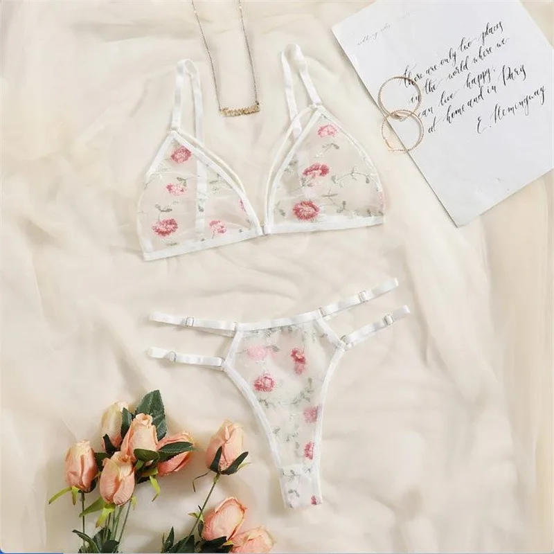 Description Picture 5 of itemUnderwear Sexy Suit Transparent Bra Female 2 Pieces Floral Embroidery Underwear Suit Lace Without Steel Support Bra