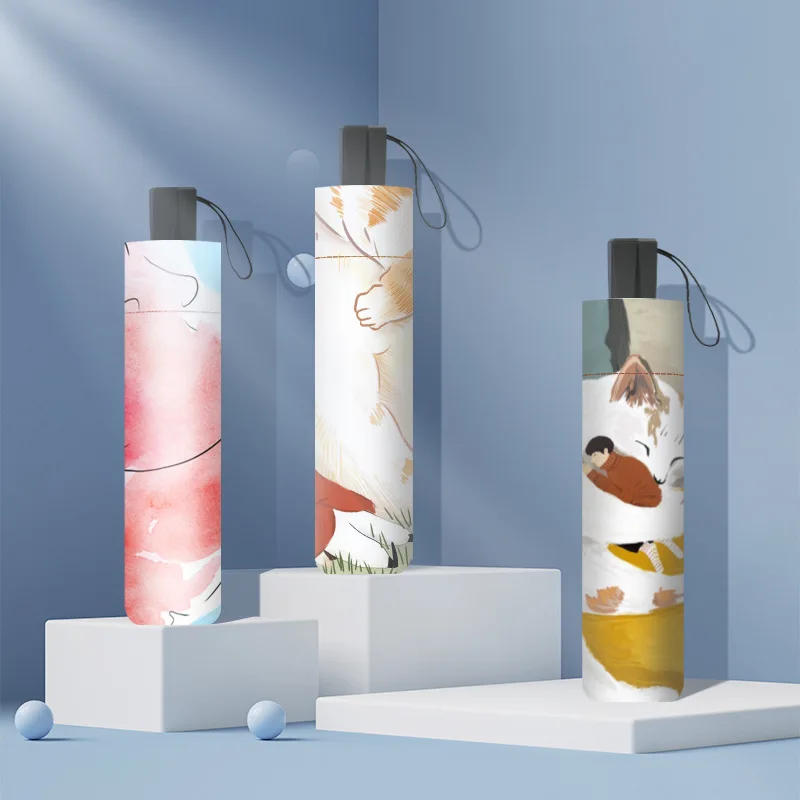 Description Picture 6 of itemRed Leaf Cartoon Animation Rain Umbrella, Black Coating, Anti UV Windproof, Cute Beach Sweethearts Umbrella, Inner Printing Cat