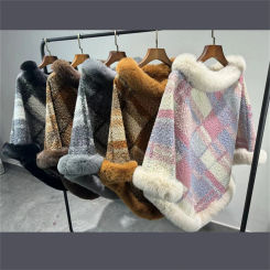 Women Granular Velvet Striped Pullover Faux Fur O Neck Loose Cape Winter Cloak Thick Warm Bat Sleeve Shawl Coat