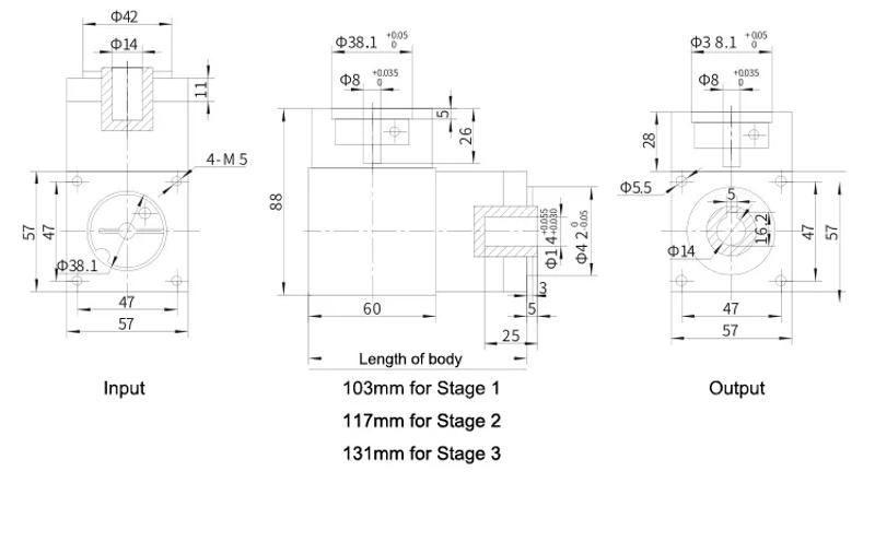 Description Picture 5 of item90 Degree 57mm Planetary Reducer Hole Output Speed Ratio 3: 1 4: 1 5: 1 6:1 for Nema23 Stepper Motor