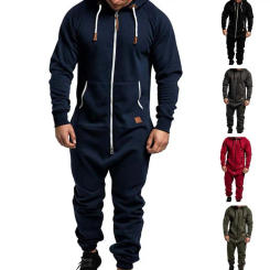 Plus Fleece Zipper Jumpsuit Zipper Placket Windproof Male Long Sleeve Men Hoodie Jumpsuit