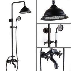 Black Oil Rubbed Brass Bathroom Rainfall Shower Faucet 8.2" Round Shower Head Set Bathtub Tap Two Cross Handle ars451