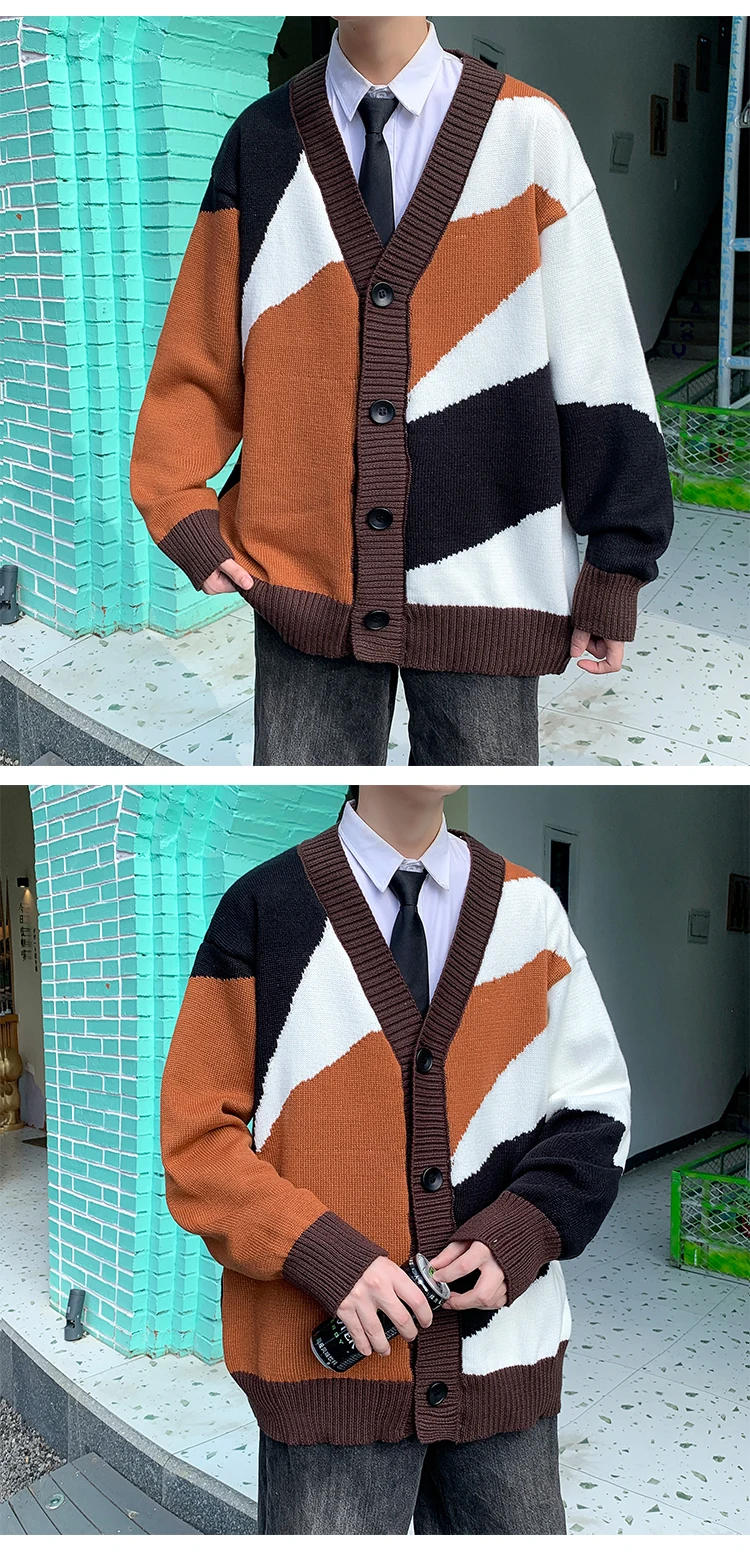Description Picture 6 of item2024 Men Cardigan Autumn Male Outwear Mens Sweaters V-neck Retro Japanese Contrast Color Casual Oversized Loose Sweater Z53