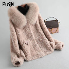 A19073 PUDI Women Winter Real Wool Fur Coat Jacket Female Girl Sheep Shearing Coats Lady Fox Fur Collar Hooded Jacket Overcoats