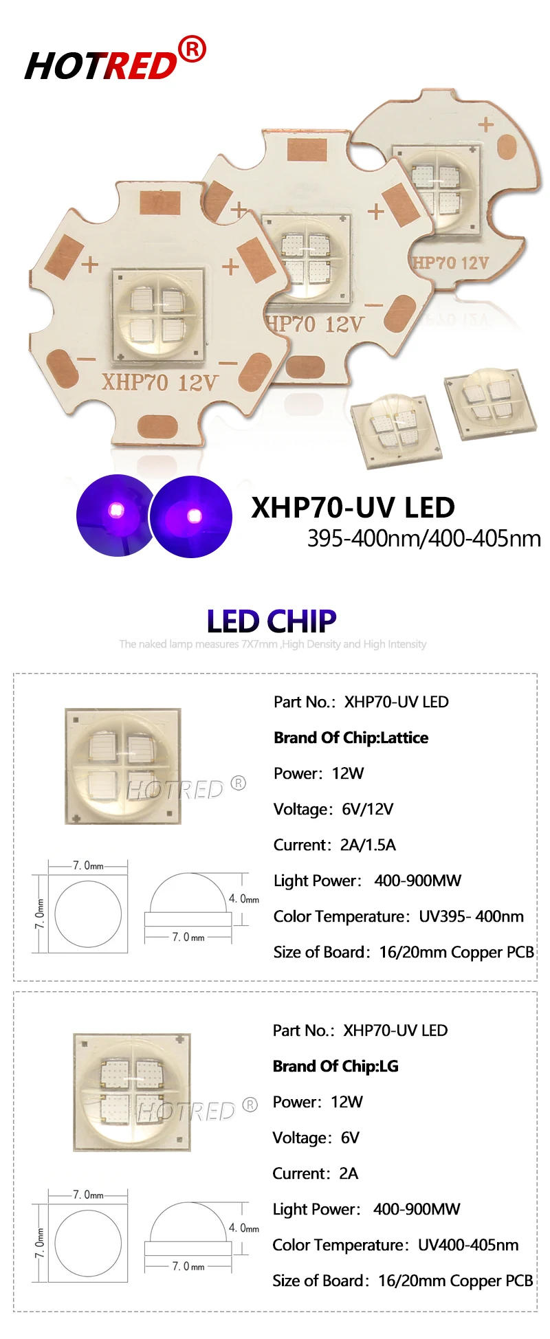 Description Picture 2 of item6V 12V UV LED XHP70 10W 12W LG7070 Purple Chip 395nm 400nm 405nm Phosphor Lighting For DIY 3D Printer Curing Medical Nail Dryer