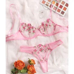 Daily Pink Lingerie Sexy Floral Embroidery Women Underwear Transparent Lace Short Skin Care Kits Delicate Fairy Garter Set