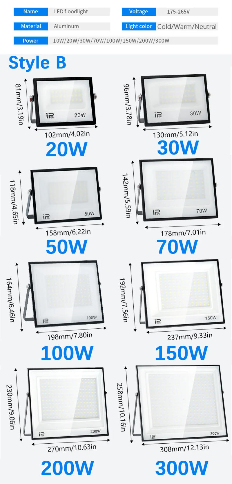 Description Picture 4 of itemLED Floodlight Outdoor Wall Light 3 Colors AC220V 100W 70W 50W 30W 20W 10W IP66 Waterproof Outdoor Garden Spotlights Led Lights