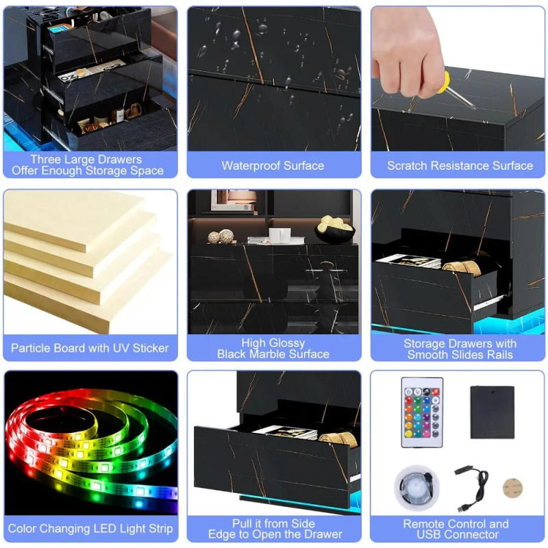 Description Picture 4 of itemLED Nightstands with 3 Storage Drawers, Wooden Smart Side Table End Table for Bedroom, Living Room, Office, Nightstand