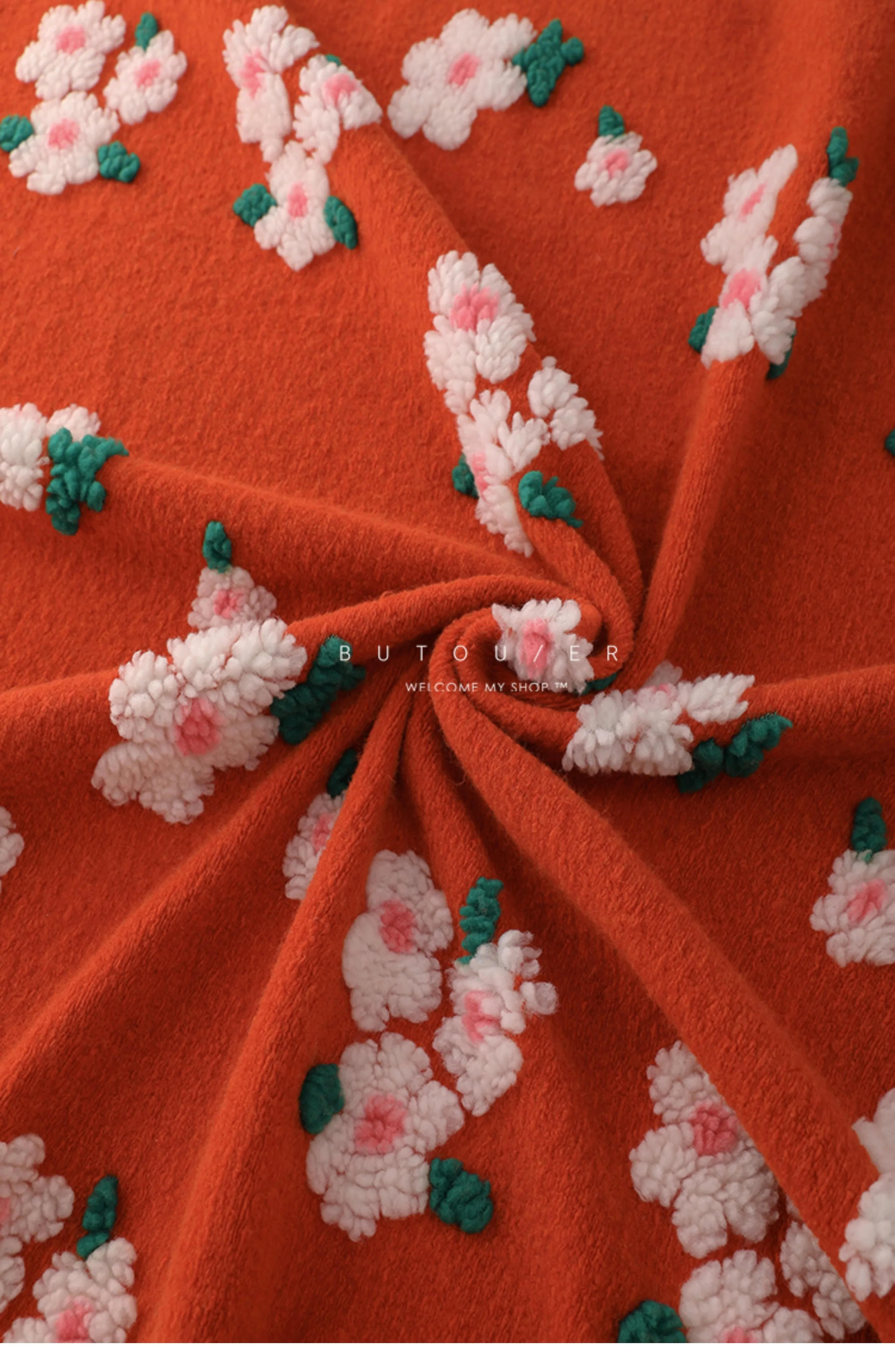 Description Picture 5 of itemOrange Red Flower Jacquard Knitted Imitation Woolen Fabric Autumn and Winter Jackets Girls' Hoodies Cloaks Handmade DIY Fabric