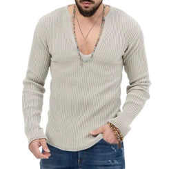 Men Long Sleeve Sweater Comfortable Cotton Blend Sweater Stylish Men's Ribbed V-neck Sweater Slim Fit Soft Warm for Fall/winter