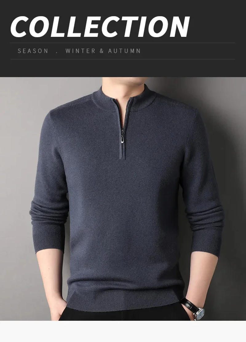 Description Picture 2 of itemMen's Winter Woolen Sweater New Pure Wool Thickened Zipper Knitted Shirt Middle-Aged Men Pullover Half Turtleneck