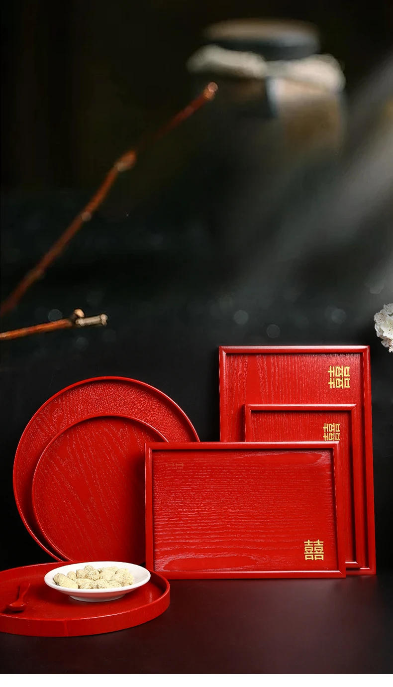 Description Picture 2 of item1pc Wooden Red Tray Wedding Supplies Living Room Dried Fruits, Snacks, Candy Plates Red Tea Tray Home Storage Decoration