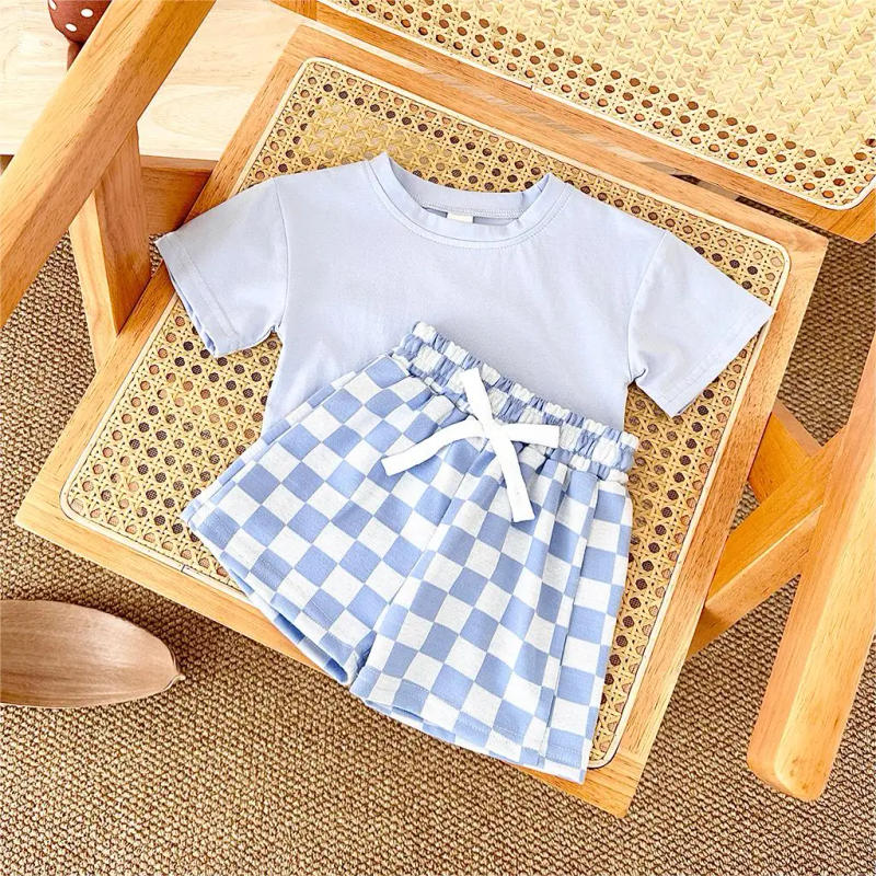 Description Picture 6 of item2024 Newborn Summer Boys Clothing Set Solid Color Short Sleeved T-shirt+Checkerboard Shorts Cotton Girls Casual Children Suit