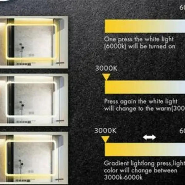 Description Picture 4 of itemBathroom Mirror with Led Light Glass Mirror Square Touch LED Anti-fog Easy to install Tricolor Dimming Lights 40*24"[US-W]