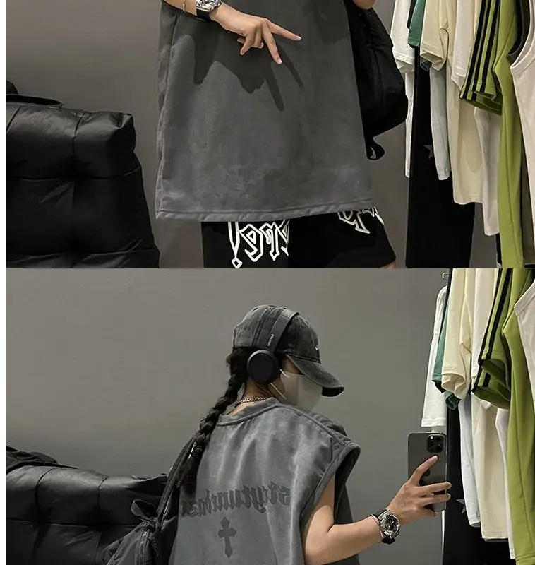 Description Picture 5 of itemMilitary green suede vest men's summer oversize heavyweight trendy brand vest sleeveless t-shirt American couple sweatshirt tops