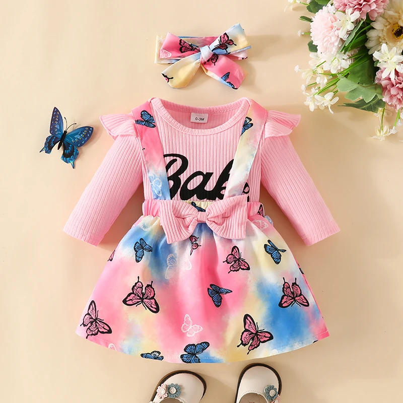 Description Picture 3 of itemBaby Girls Skirt Set Long Sleeve Letters Print Romper Butterfly Suspender Skirt Headband Fall Outfit