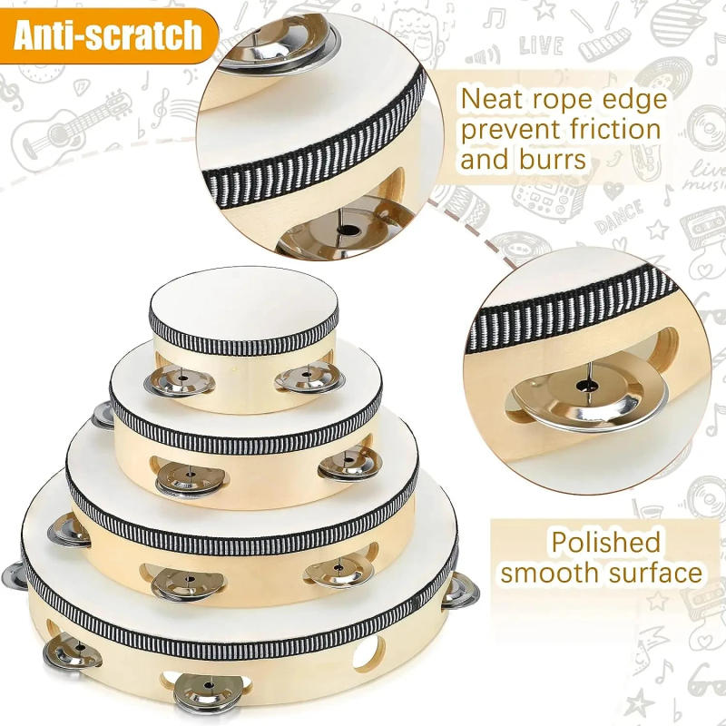 Description Picture 3 of item1Pc Wooden Tambourine 4/6/8/10-Inch Beige Rim with Metal Jingles Musical Educational Percussion Instrument for Concert Church Pa